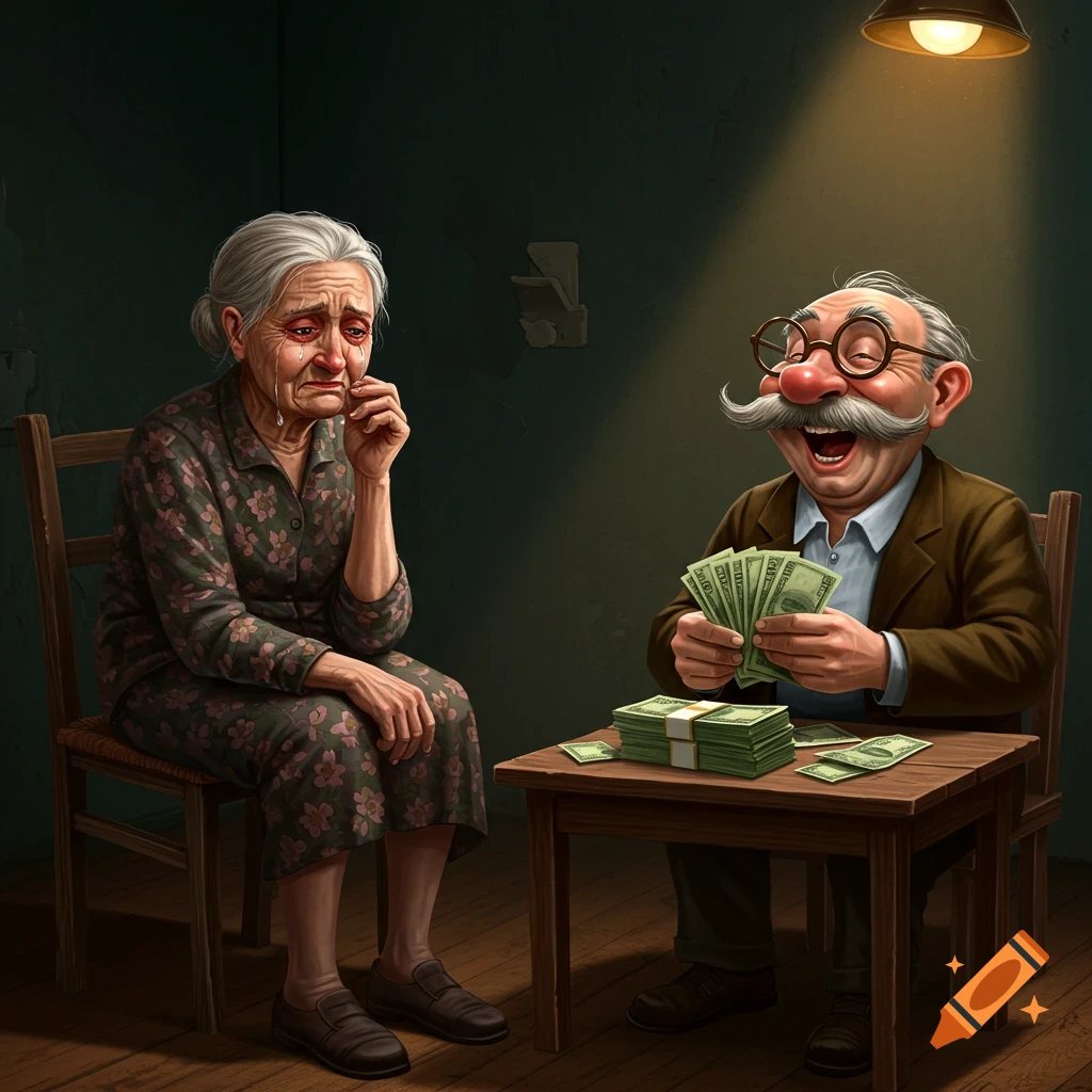 An elderly woman cries while a happy elderly man counts money.