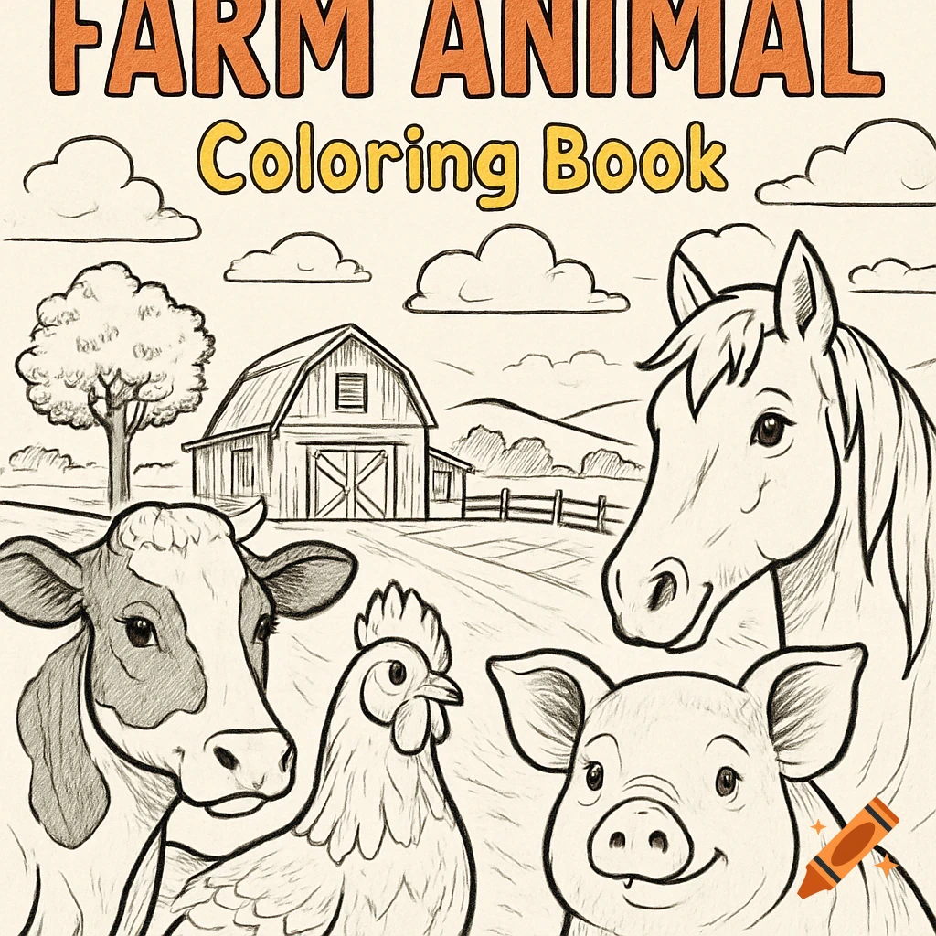 Coloring book line art of a cow, chicken, pig, and horse on a farm with a barn and text 'FARM ANIMAL Coloring Book'.