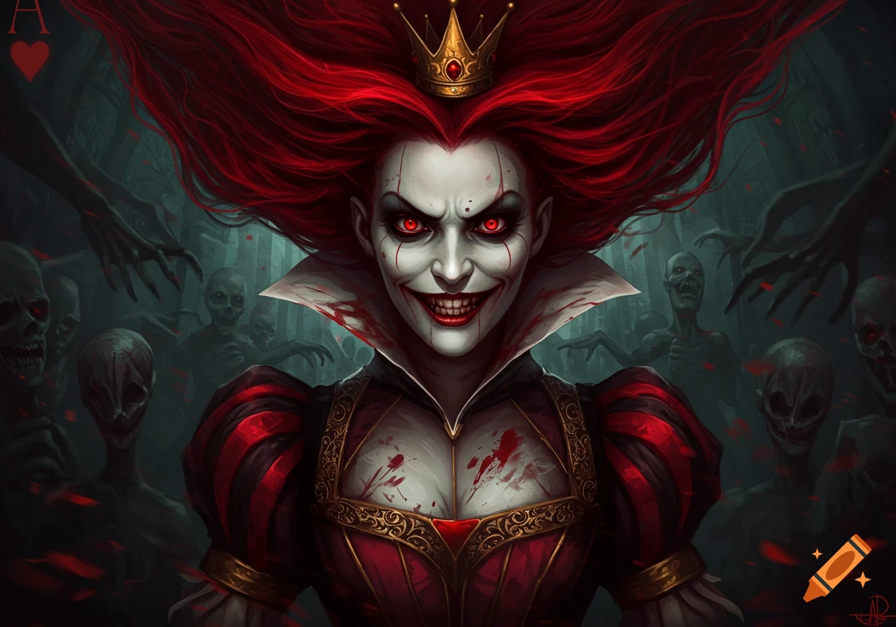 Scary Queen of Hearts with red eyes and blood spatter, surrounded by zombies in a dark forest, digital art.