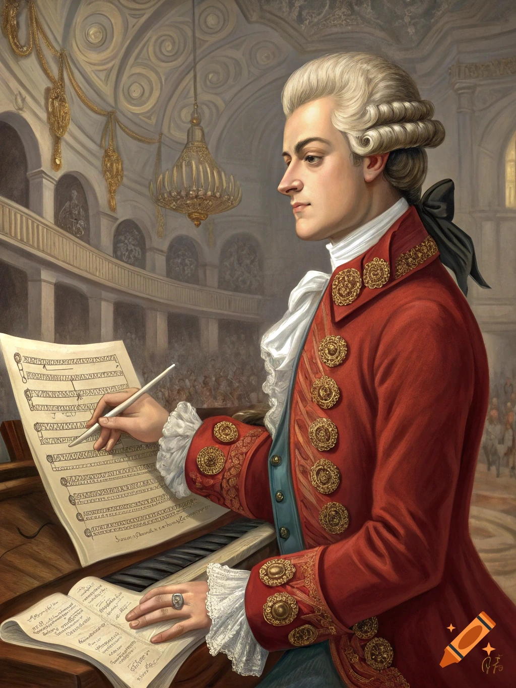 Portrait of a man in a red rococo coat playing music in a grand hall.