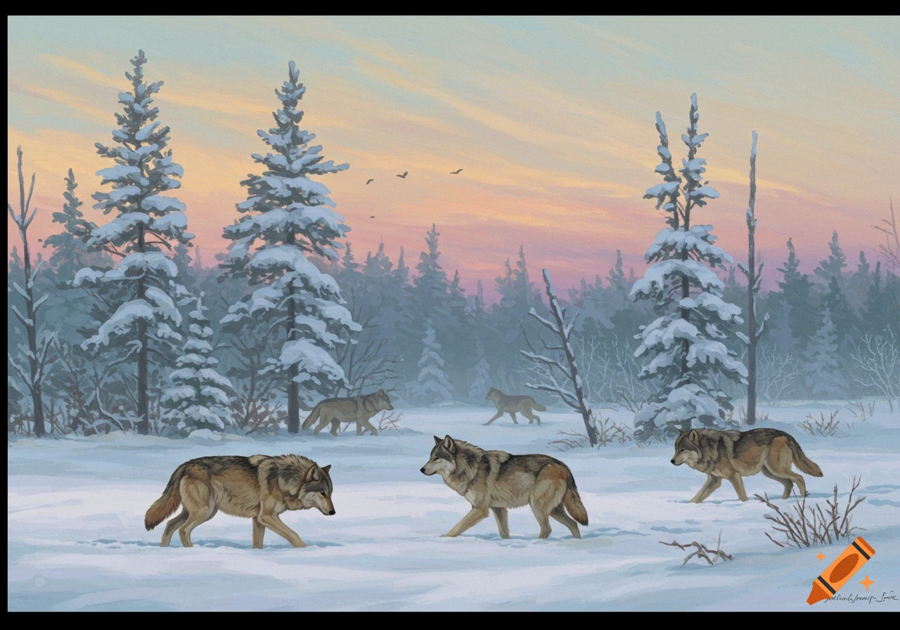 Wolves walk through a snowy winter forest landscape at dusk, rendered in a painting style.