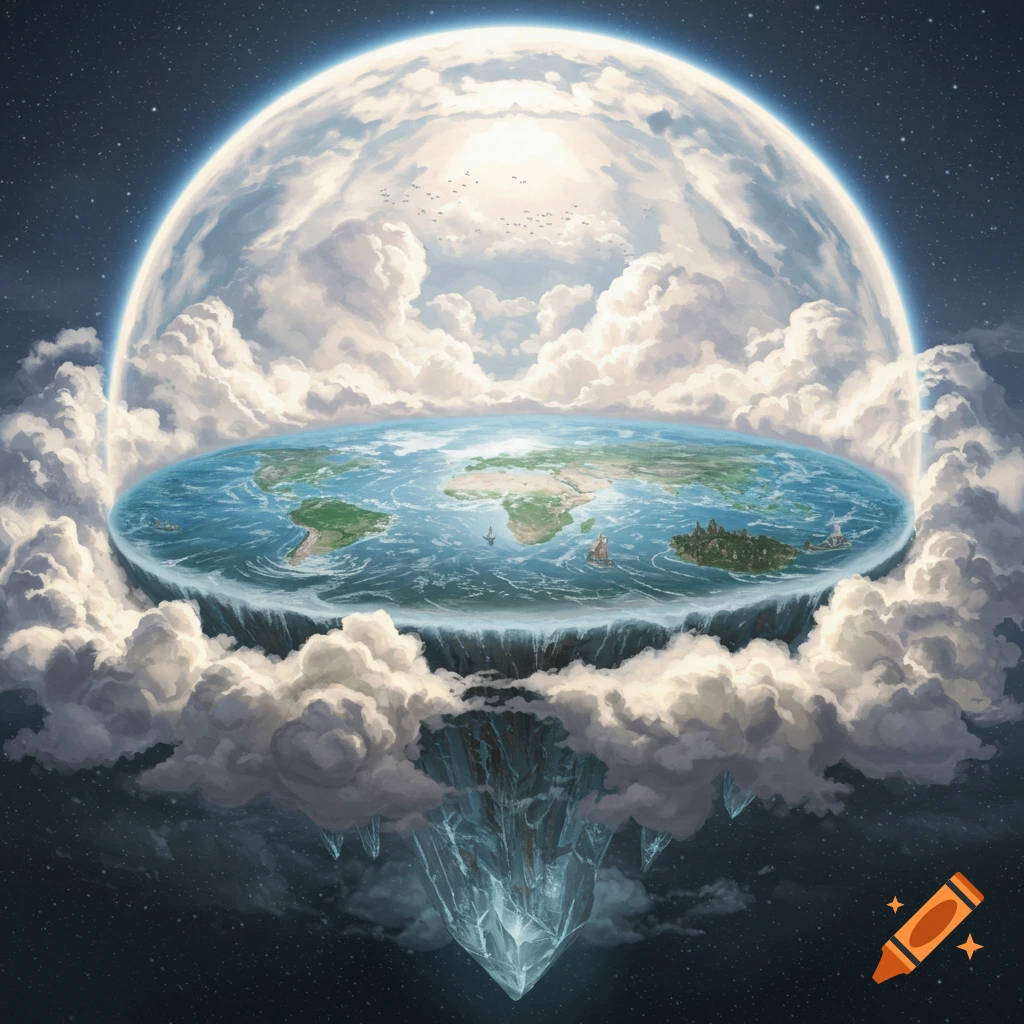 Flat Earth disc floating in space surrounded by clouds, with a sphere of light above and crystal below.