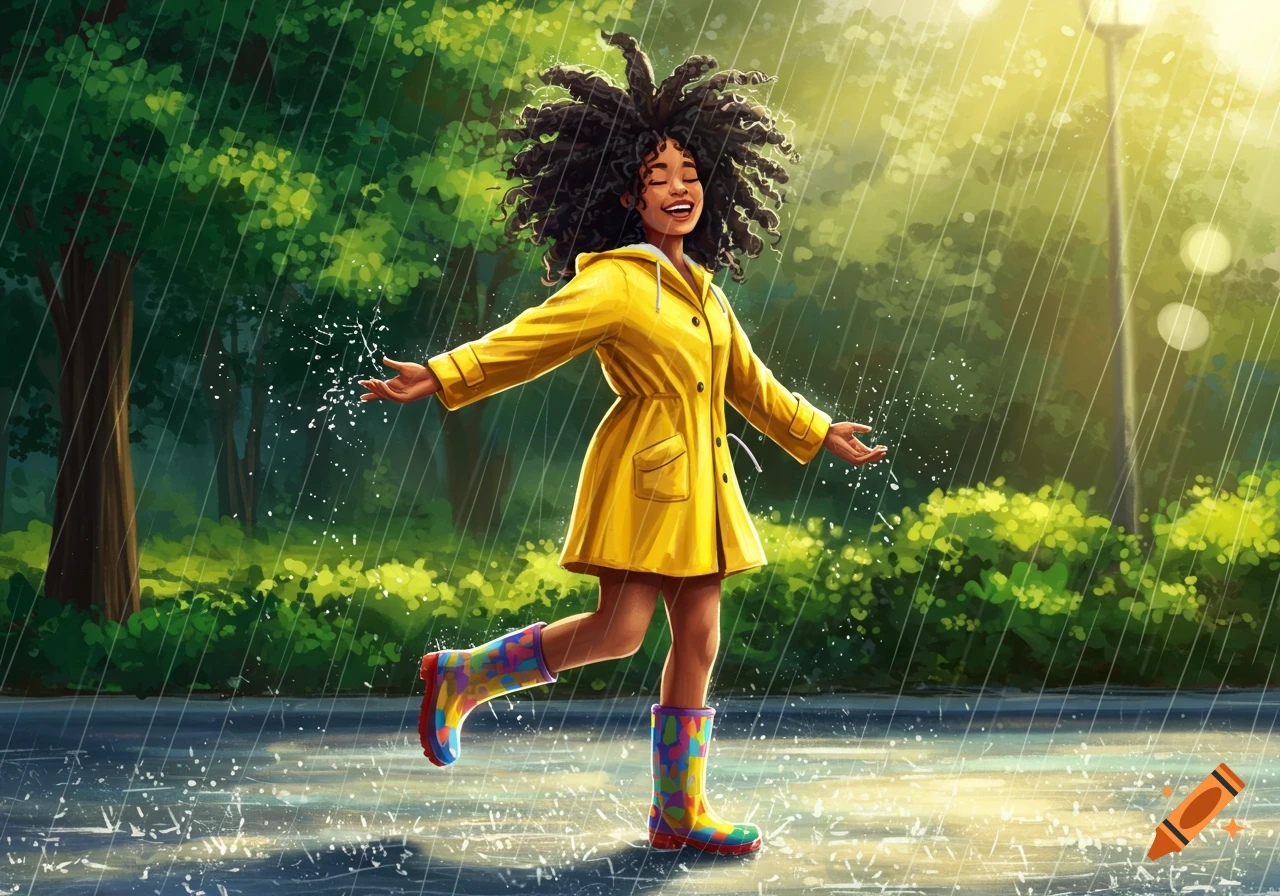Young woman in yellow raincoat dancing in rain