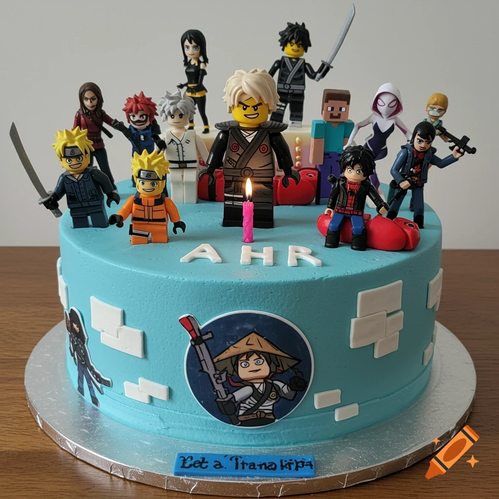 Blue birthday cake with figurines of various pop culture characters and white block decorations.