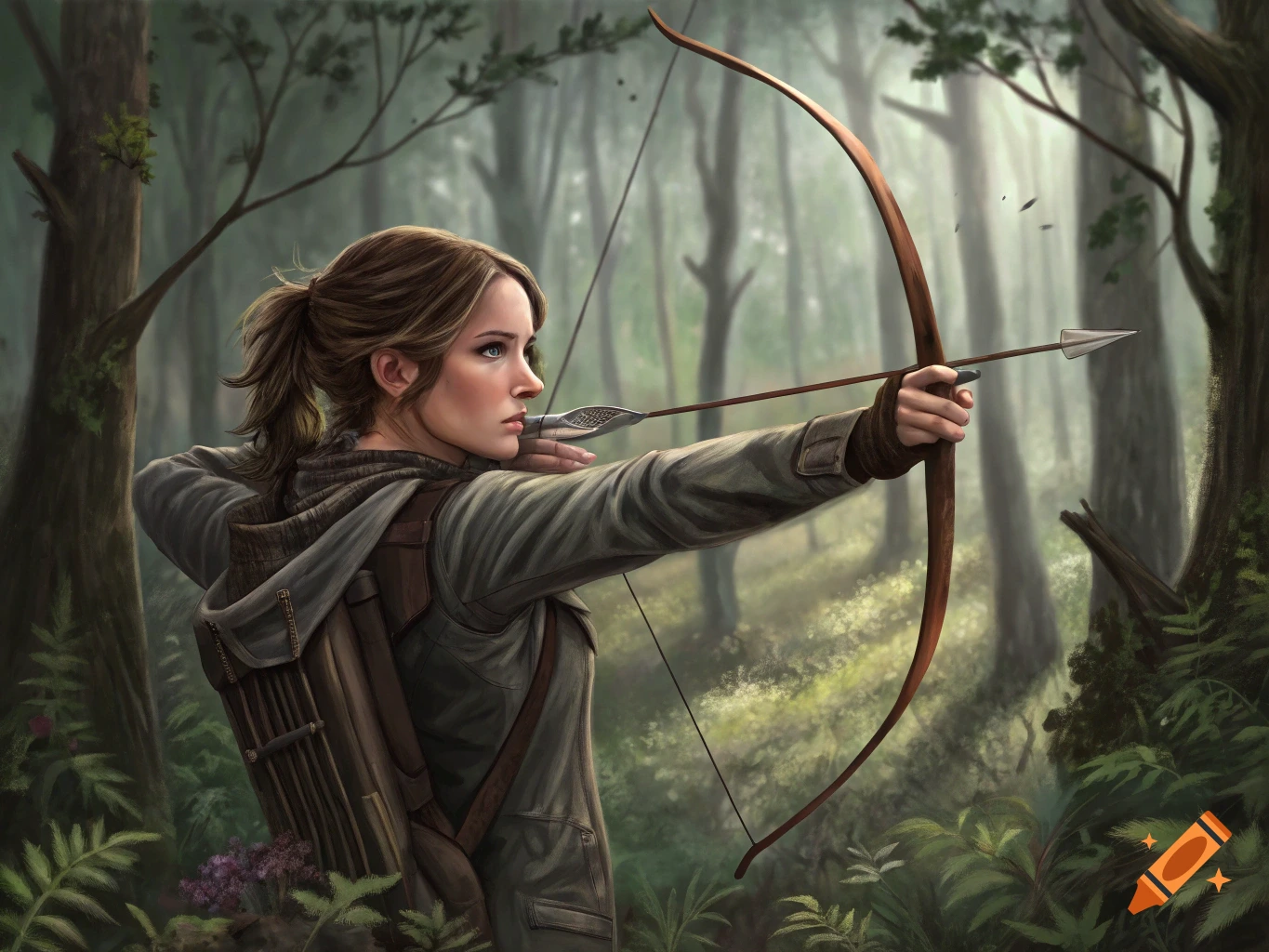 Woman with bow and arrow aiming in a forest, digital painting style.