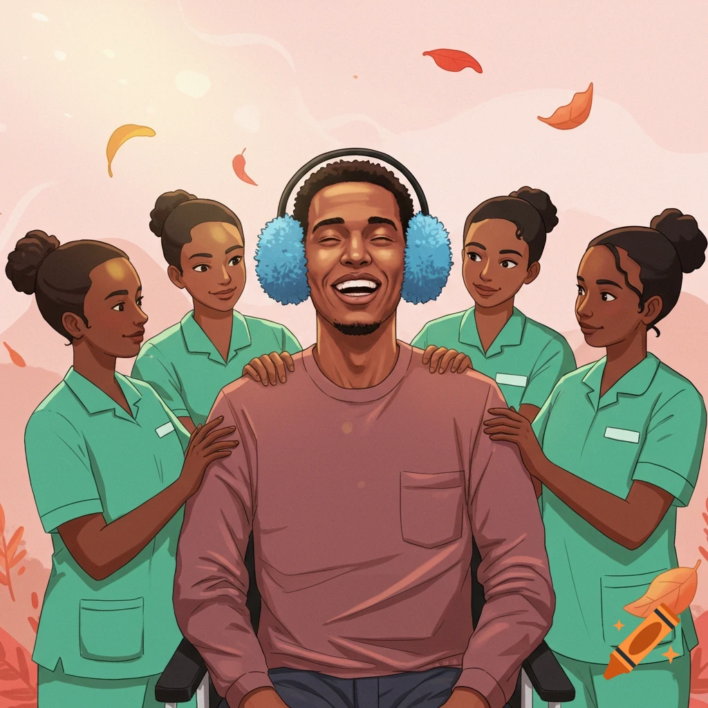 Illustration of a smiling disabled man in a wheelchair with blue earmuffs, surrounded by four female caregivers, with falling leaves.