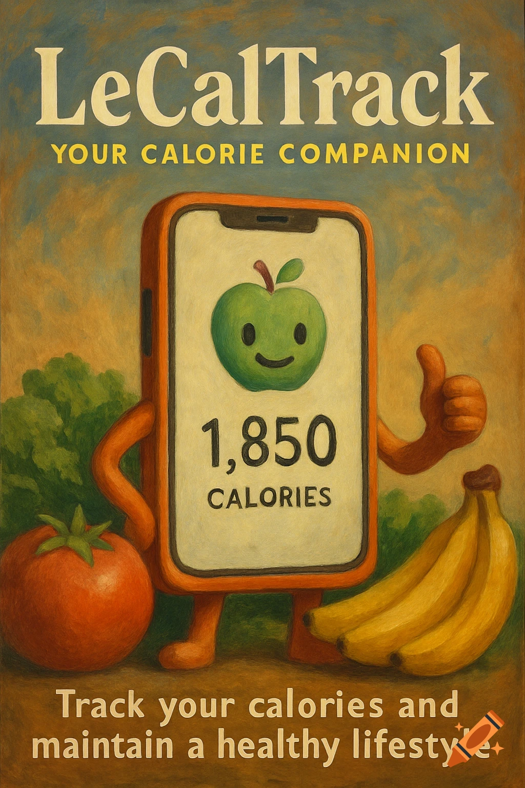 Painterly ad poster for LeCalTrack calorie app with smiling smartphone character, tomato, bananas, and text.