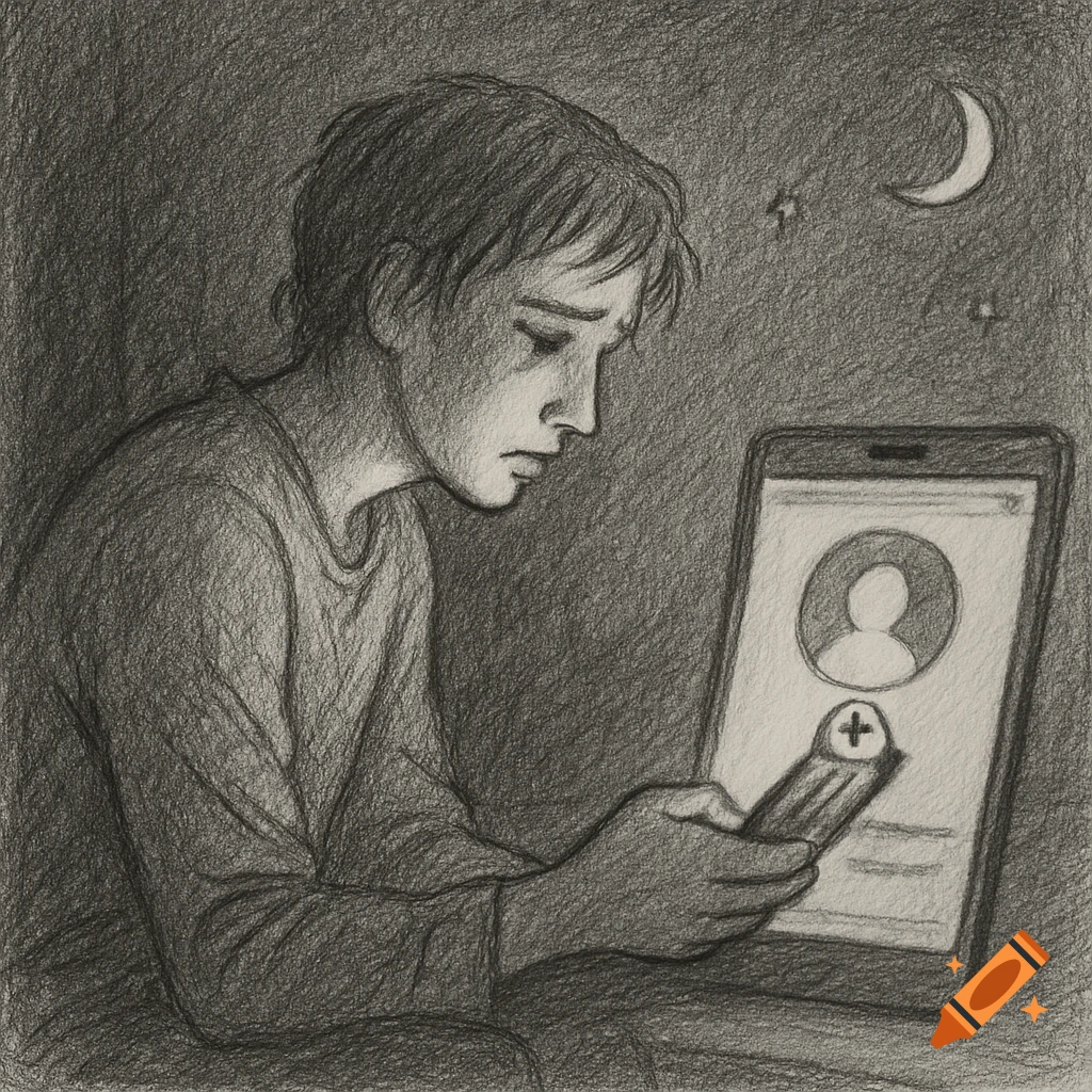Pencil sketch of a sad person looking at a phone screen at night.