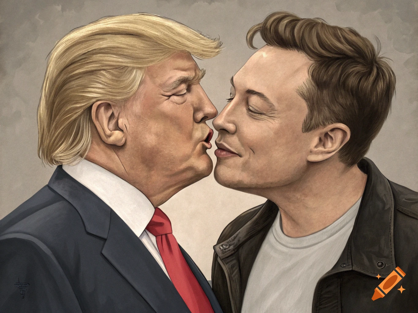 Caricature illustration of Donald Trump and Elon Musk kissing.