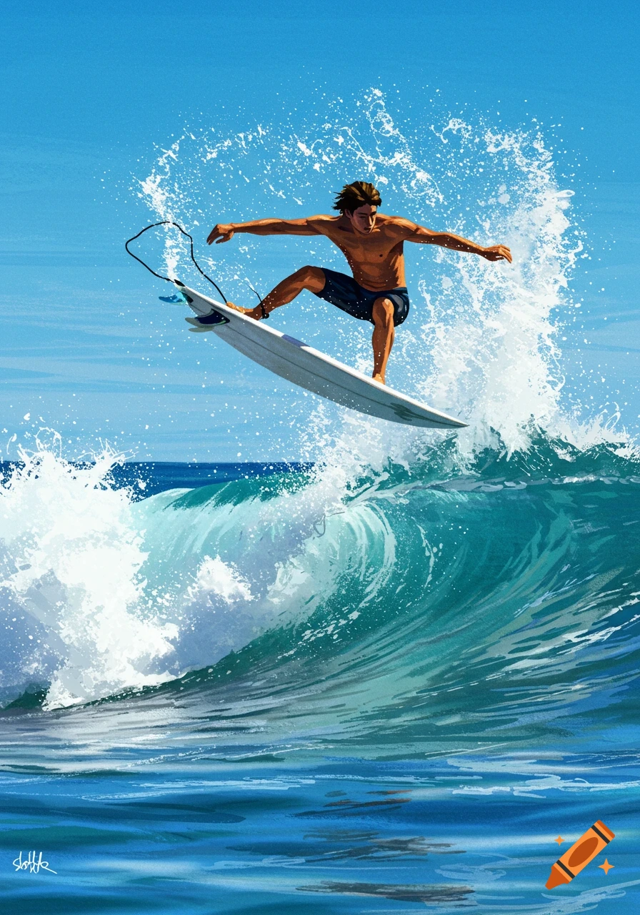 Surfer jumps high over a wave, splashing water.