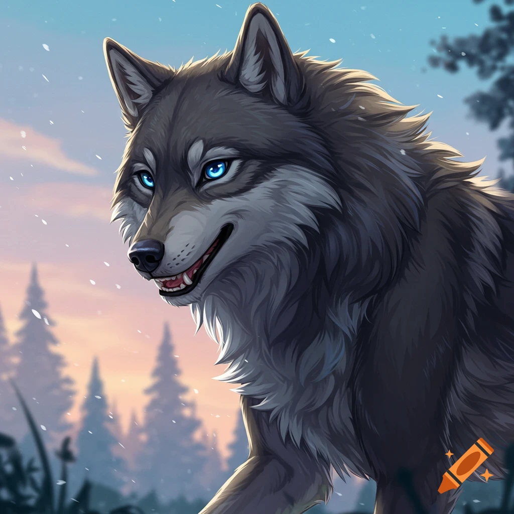 Anime style portrait of a wolf with bright blue eyes in a forest setting