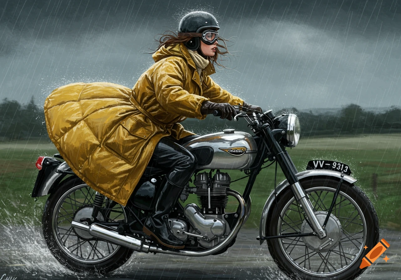 A woman in a yellow raincoat rides a vintage motorcycle through heavy rain. Illustration.