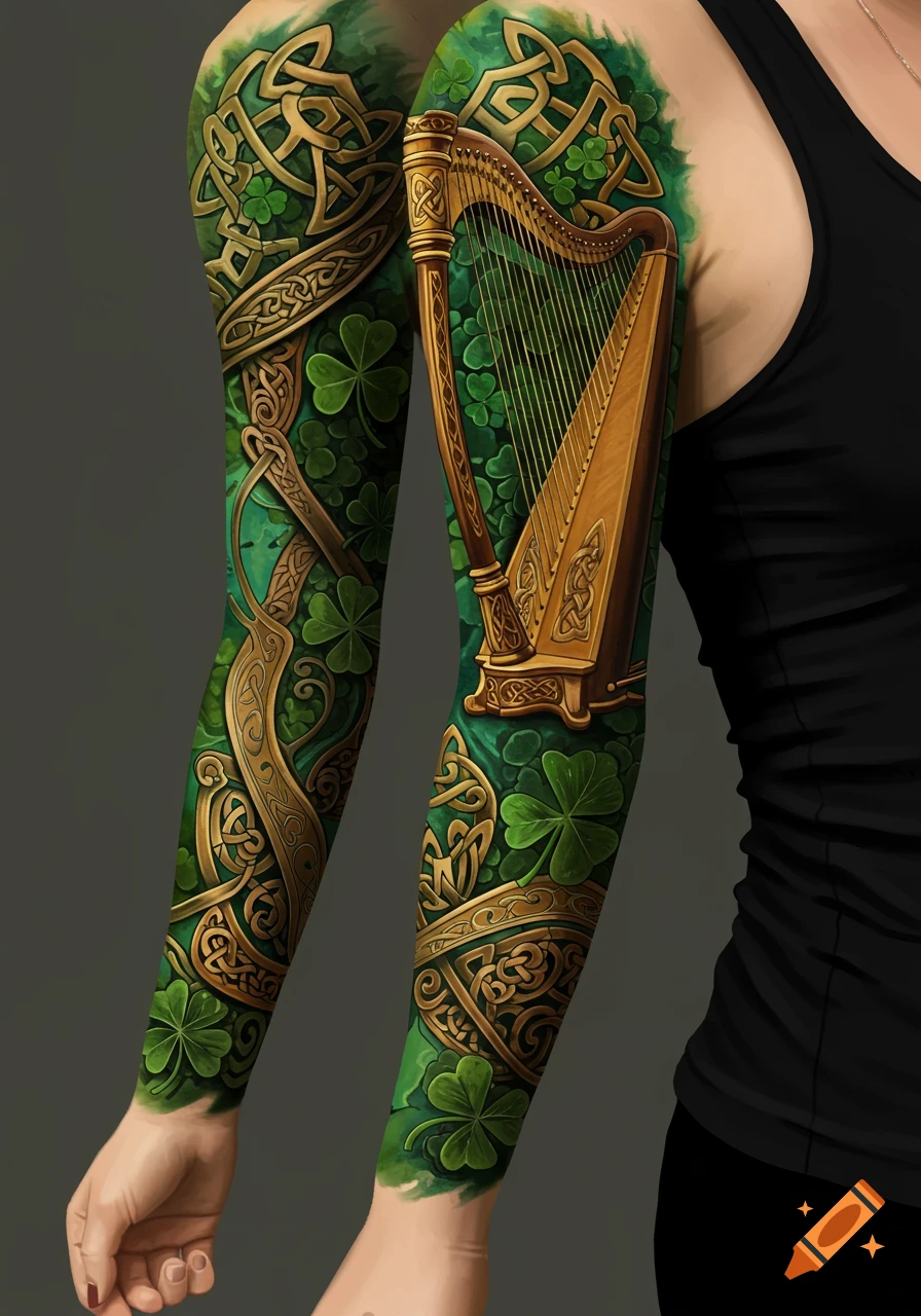 Detailed full sleeve tattoo with Celtic knotwork, shamrocks, and an Irish harp on a female arm.