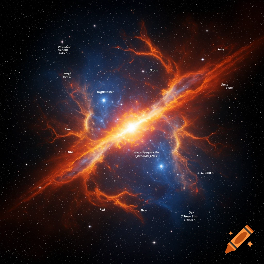 A vibrant orange and blue nebula with luminous tendrils of gas and dust spreading through space, populated by various labelled stars against a dark starry background.