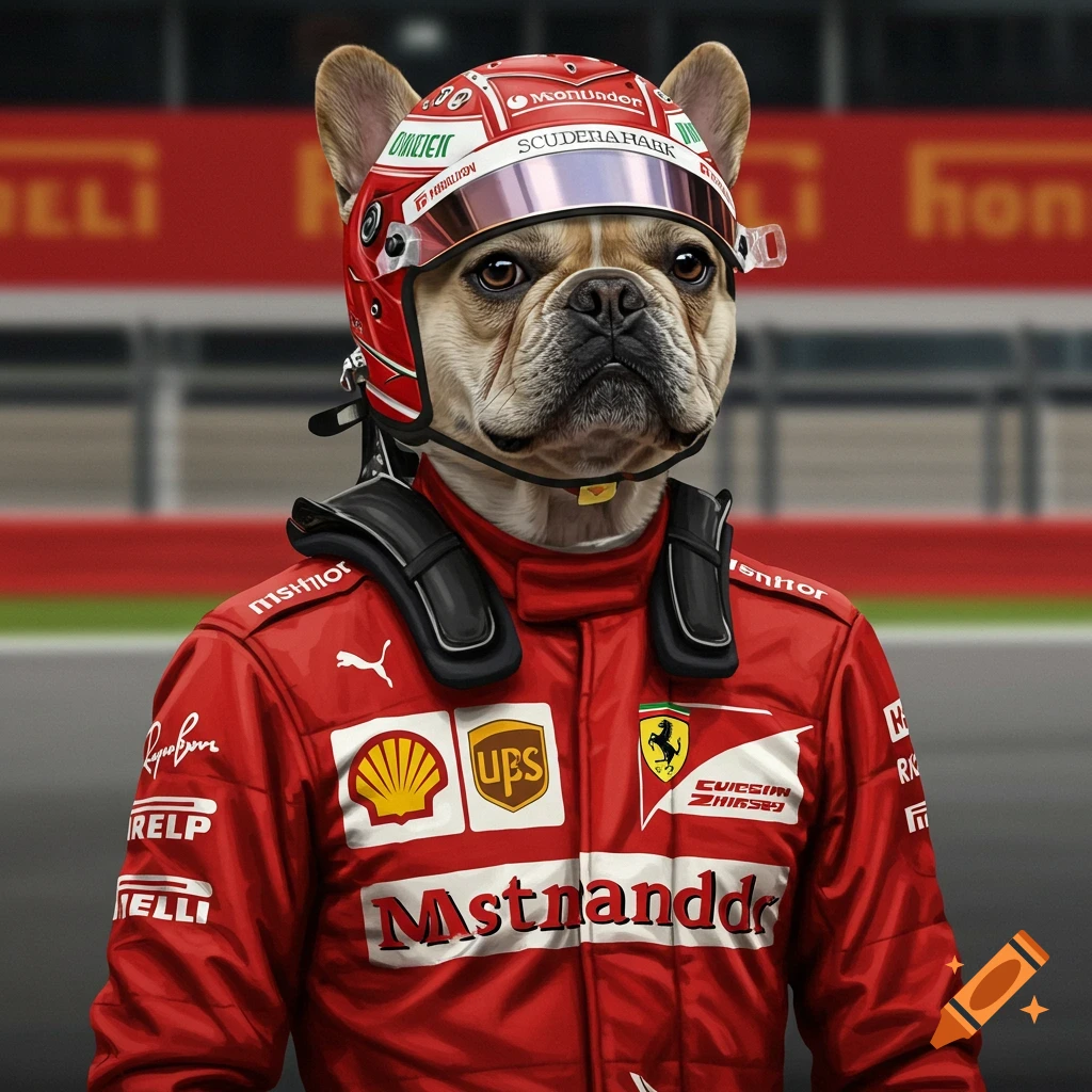 French Bulldog wearing a Ferrari F1 racing suit and helmet at a track.