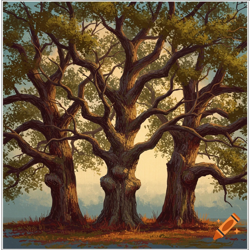 Three large oak trees with detailed branches against a light sky in a painterly style.