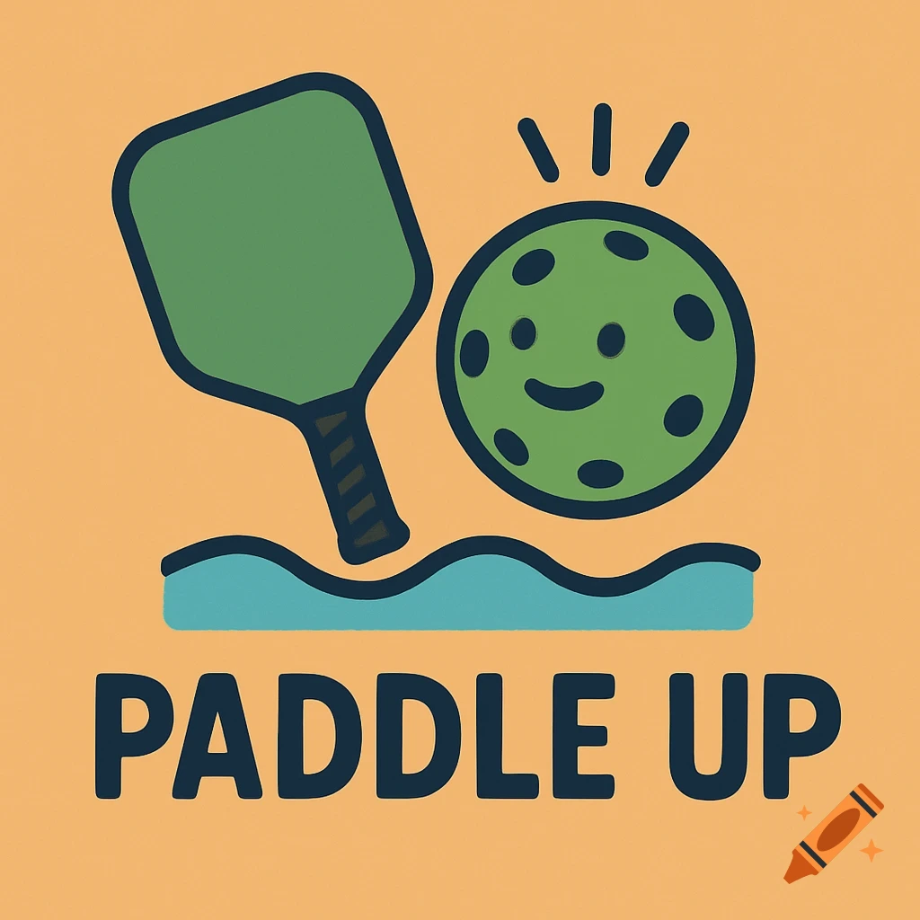 Cartoon logo for pickleball with paddle, ball, and text 'PADDLE UP'