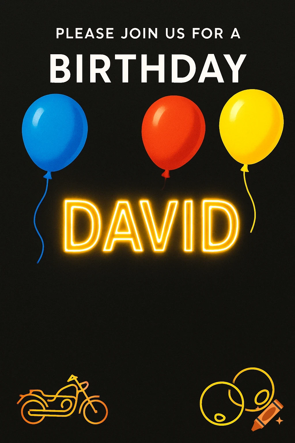 Modern birthday invitation design with text, balloons, and motorcycle illustration