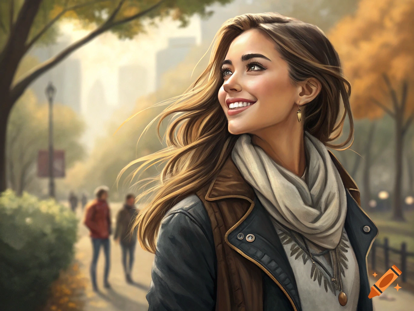 Smiling woman with long hair in a park in autumn, digital painting.