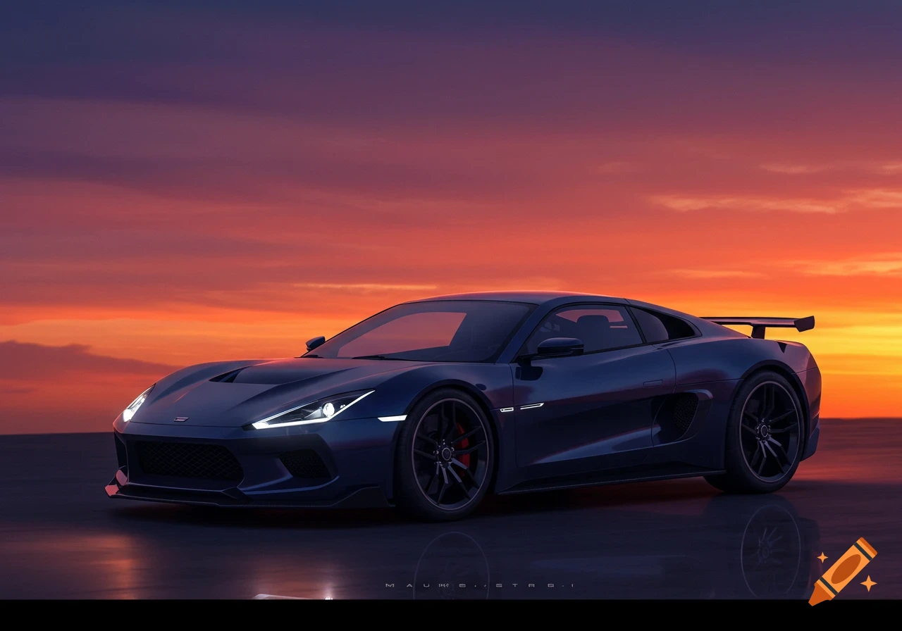Dark blue sports car with a vibrant sunset.