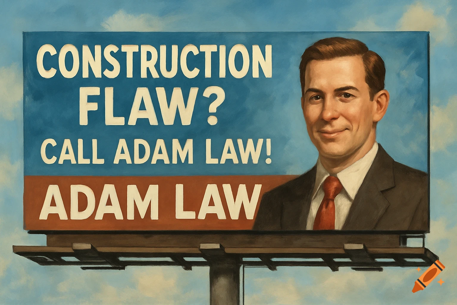 A painted style image of a man in a suit on a billboard. The billboard reads "Construction Flaw? Call Adam Law! Adam Law!"
