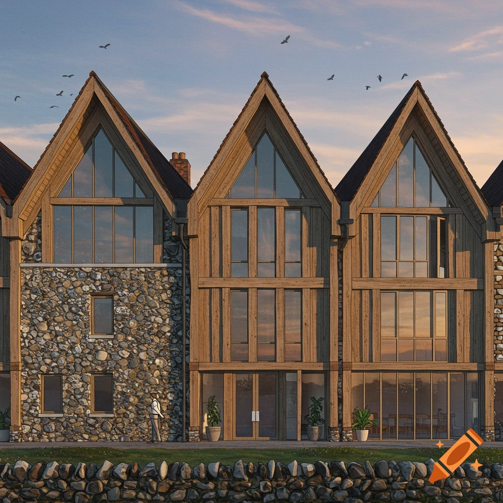 Three gable-ended buildings with timber, glass, and flint stone facades, a stone wall foreground, and birds overhead.