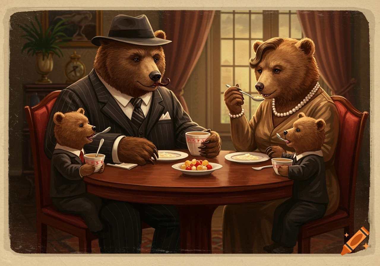 Illustration of a bear family dressed in suits and dress eating at a table