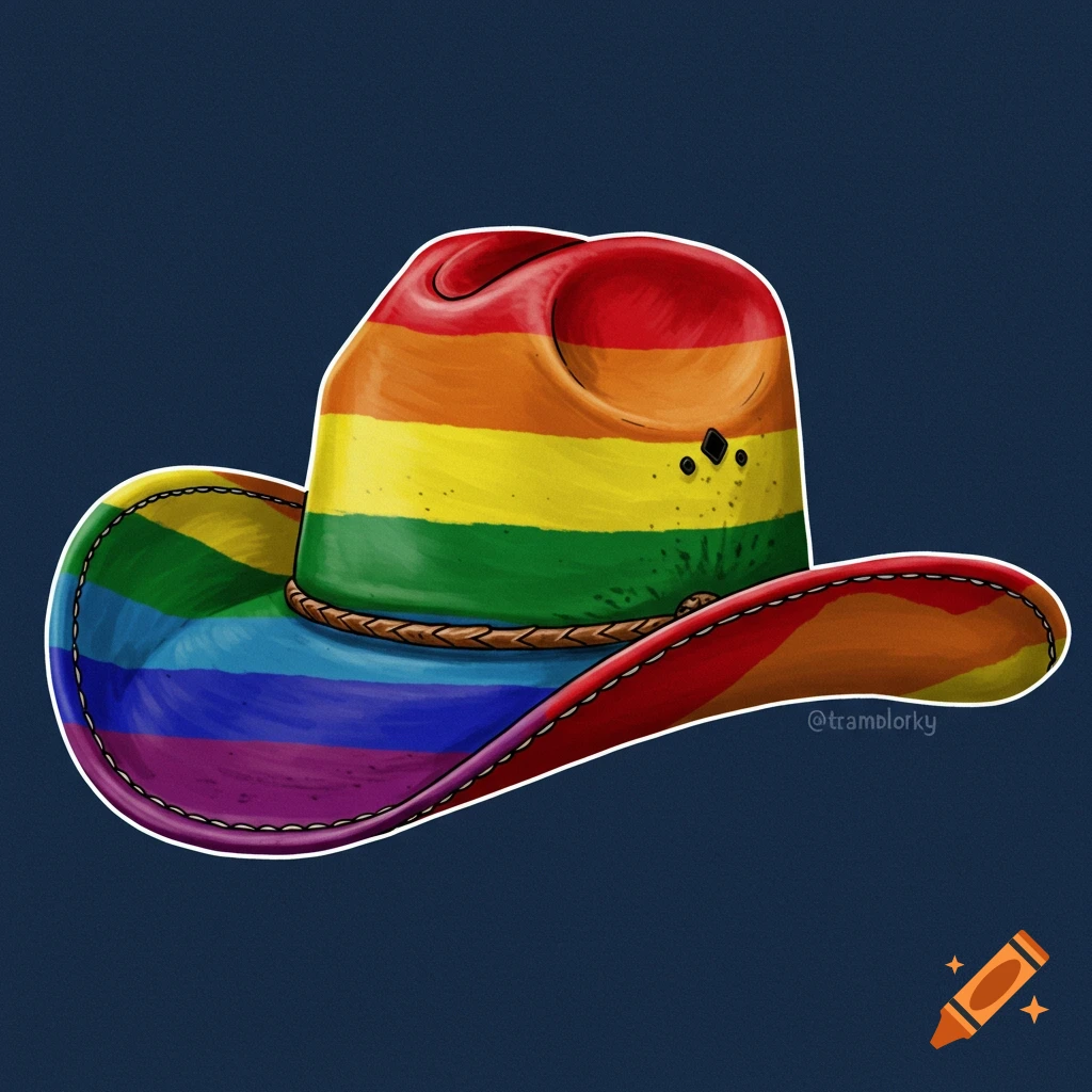Illustration of a cowboy hat painted with rainbow pride stripes.