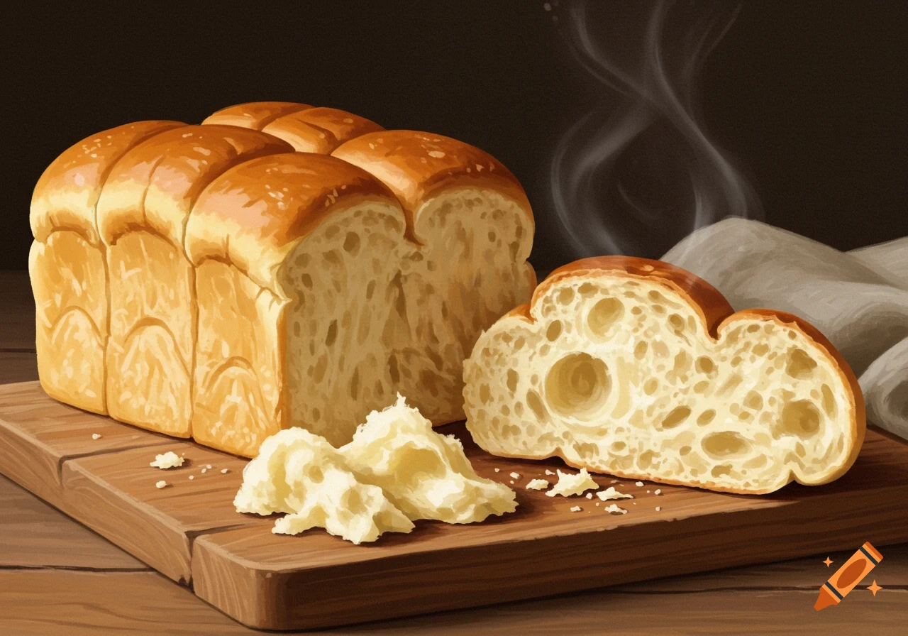 Illustration of a loaf and slice of Japanese milk bread on a wooden board with steam.