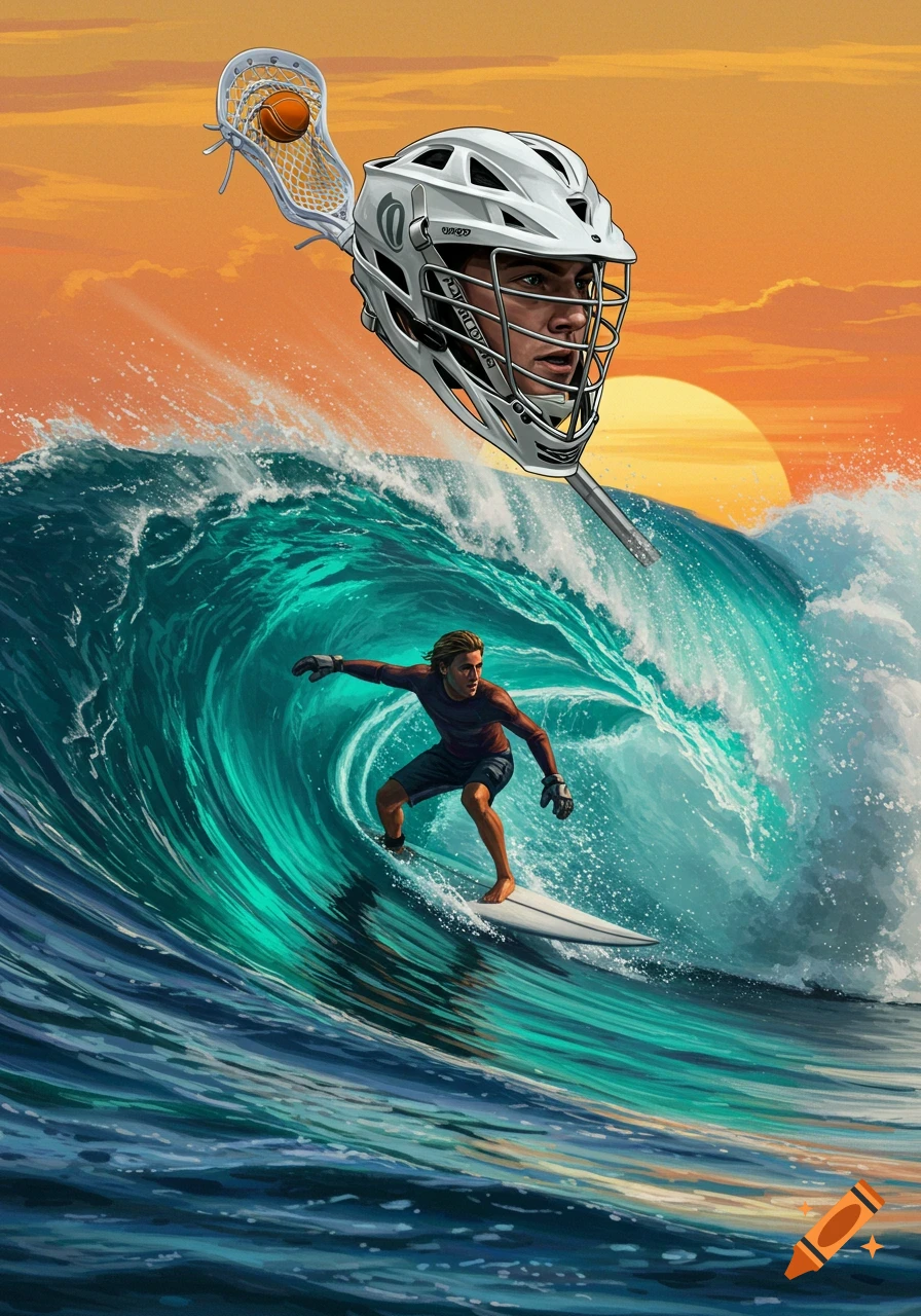 Illustration of a surfer riding a wave with a giant lacrosse helmet and ball floating above.