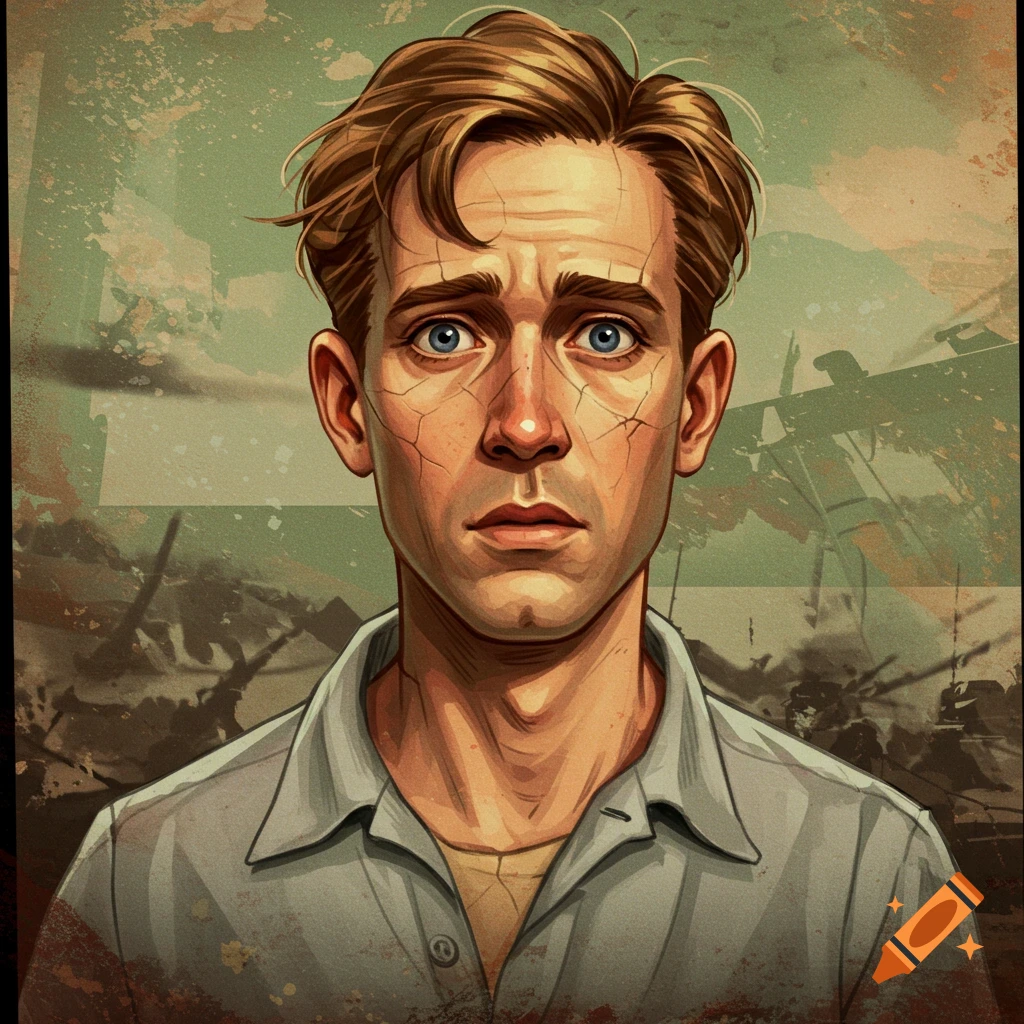 Portrait of a man with blond hair and blue eyes in a distressed illustration style