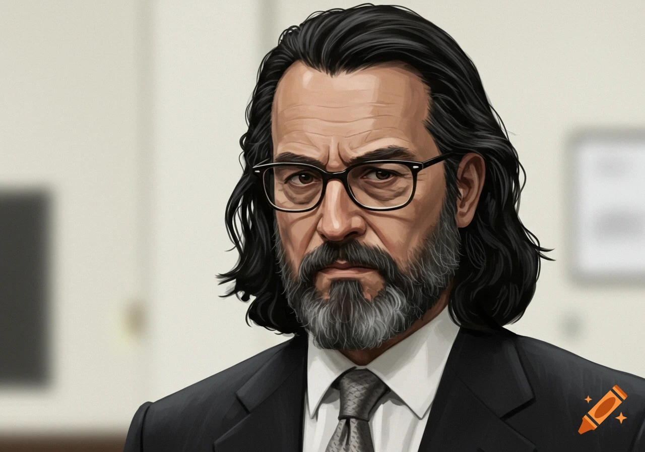 Digital painting portrait of a man with long black hair, glasses, and a grey beard, wearing a suit and tie.