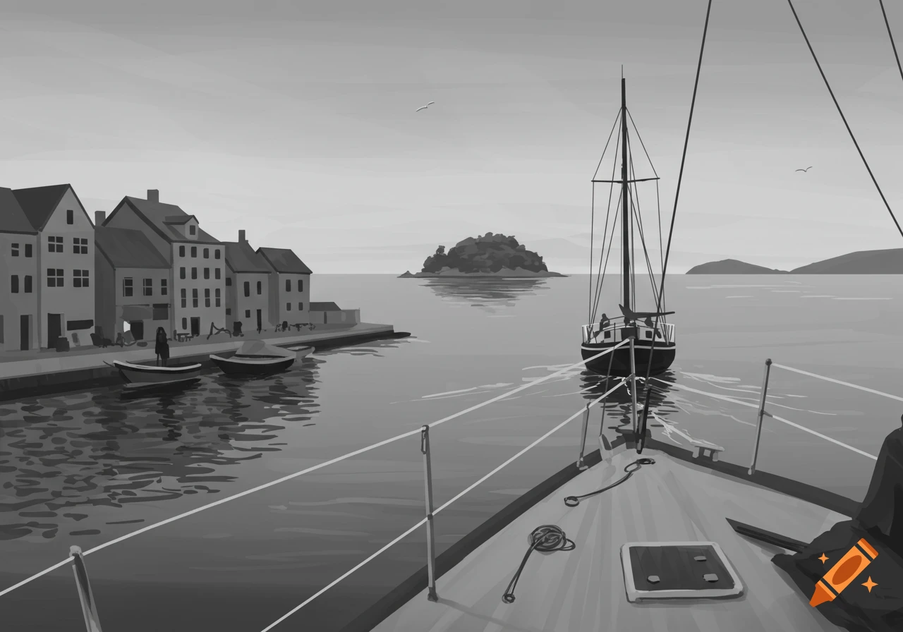 Grayscale drawing of a sailboat leaving a harbor with buildings and an island.