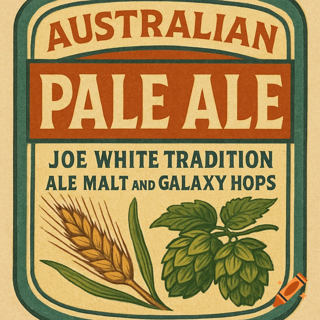 An Australian pale ale label with text, wheat, and hops.