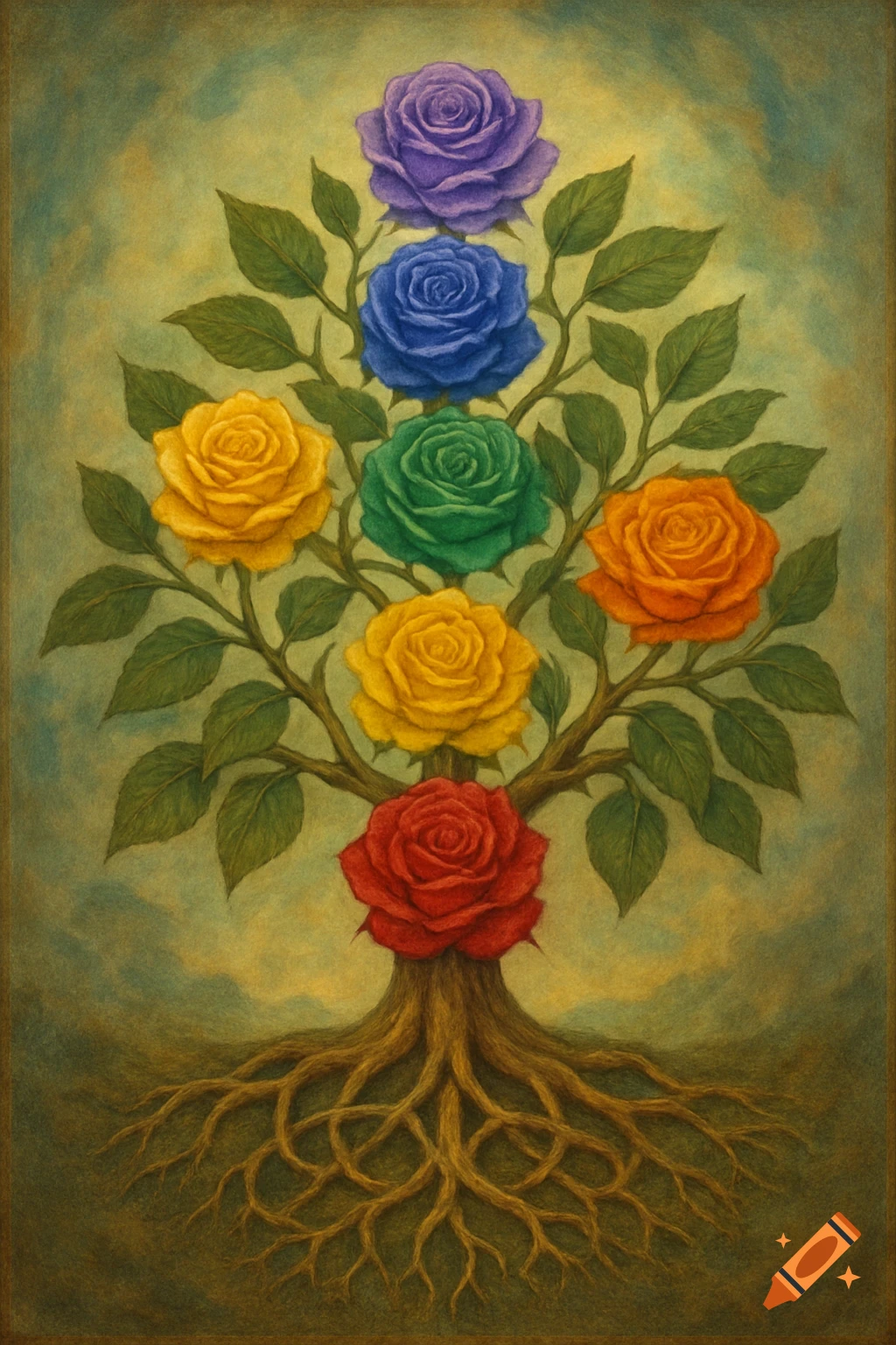 Painterly image of a tree of life with roots and seven roses in chakra colors: red, yellow, green, orange, blue, and purple.