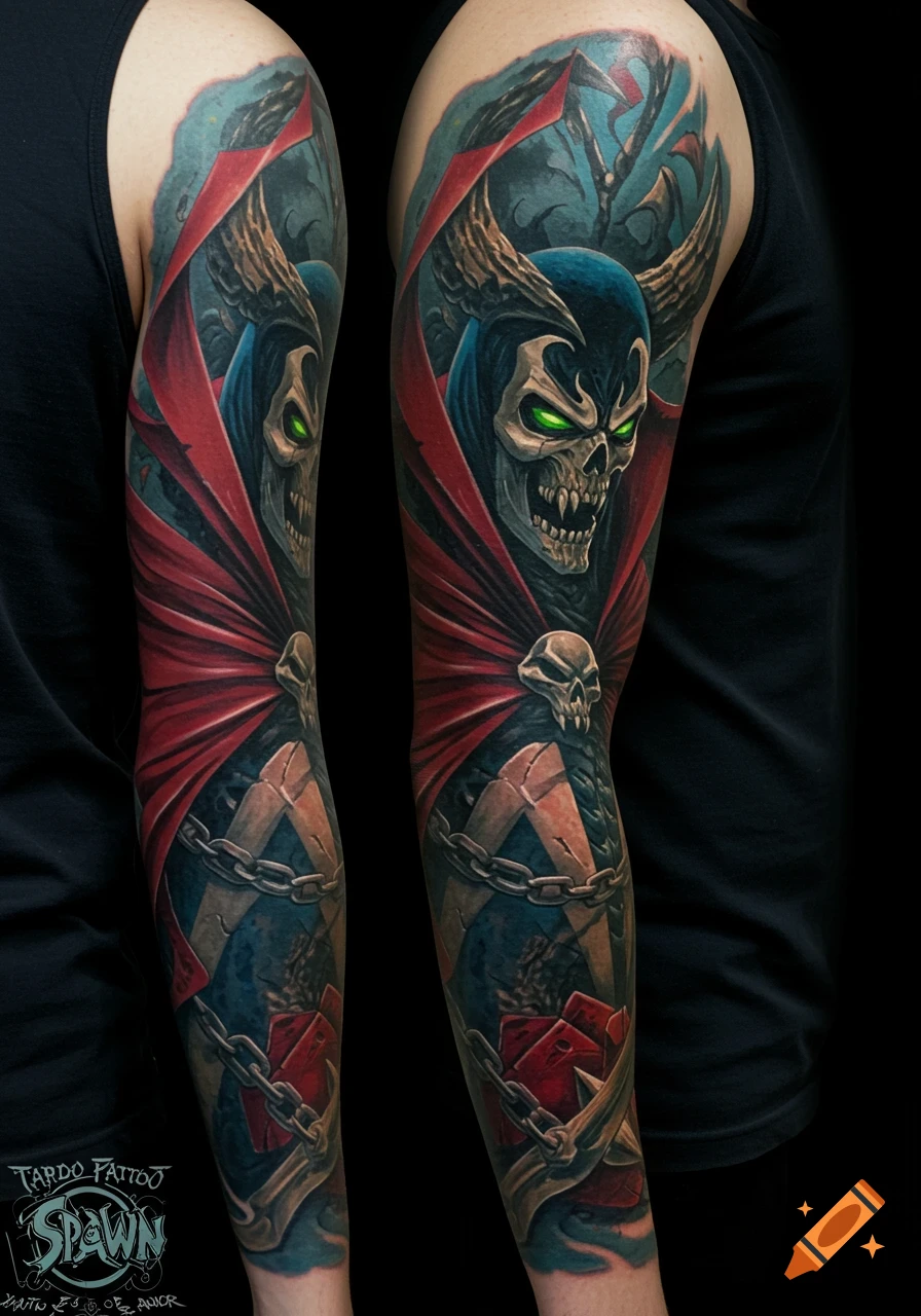 Sleeve tattoo of the comic book character Spawn