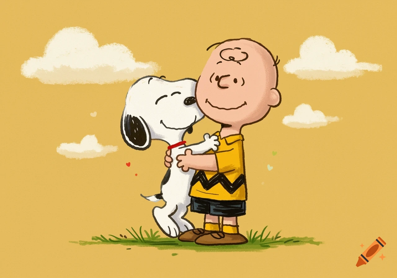 Cartoon illustration of Snoopy hugging Charlie Brown under a yellow sky with clouds.