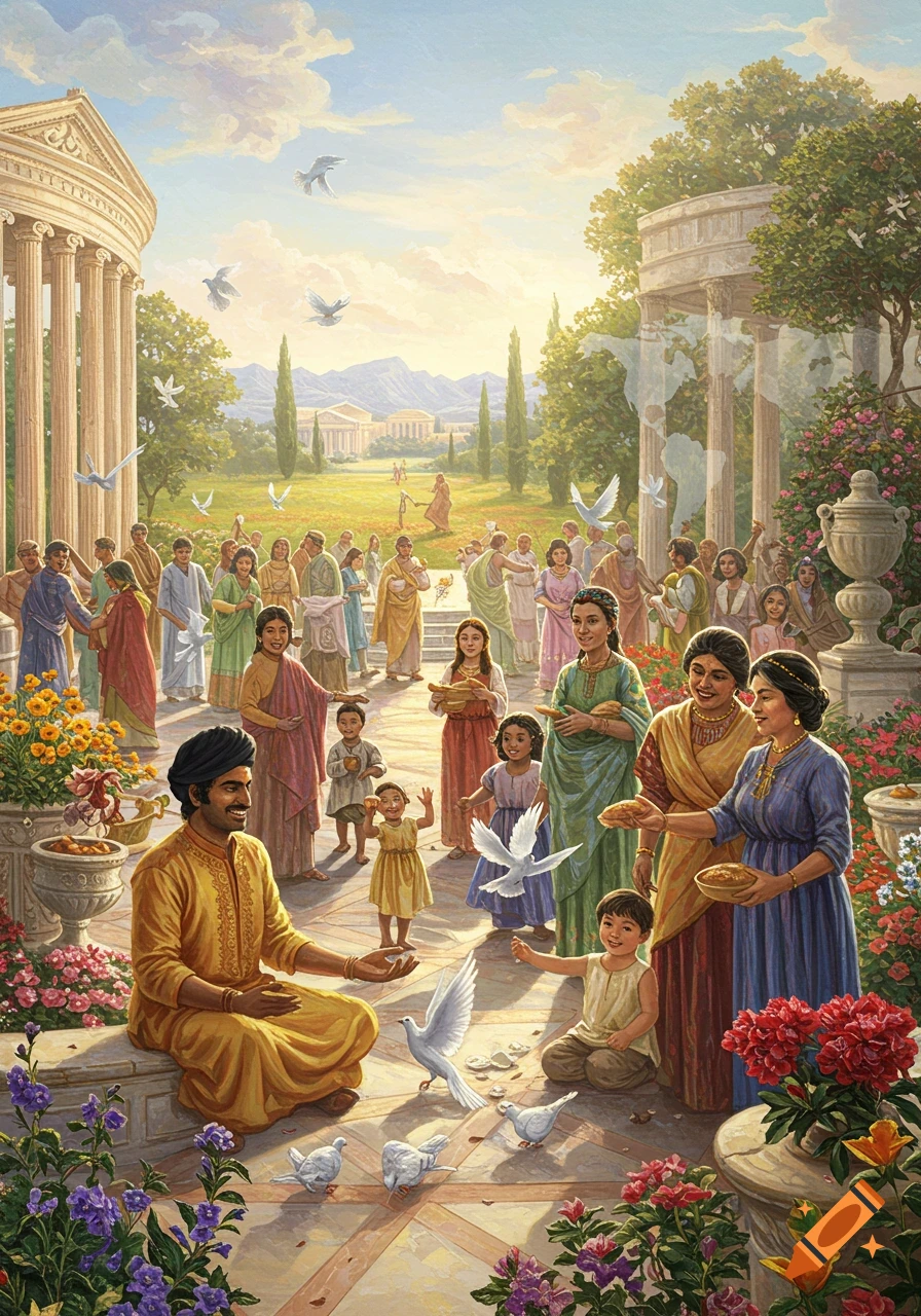 Painting of a diverse group of people gathered in a classical garden with doves flying and landing.