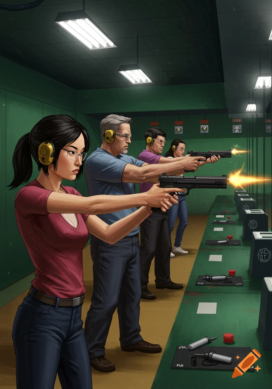 People at a shooting range firing handguns, illustration style.