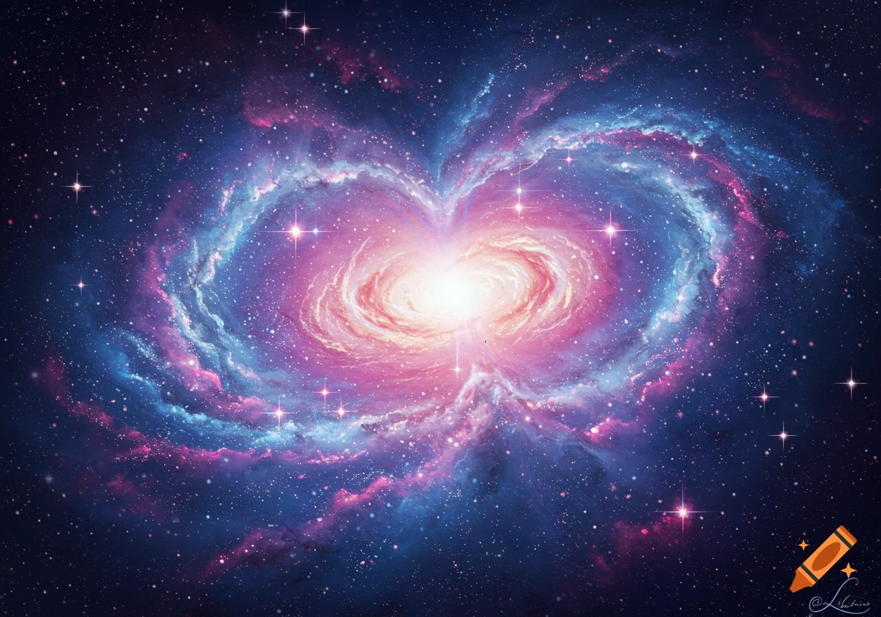 A vibrant heart-shaped galaxy swirls in a field of stars.