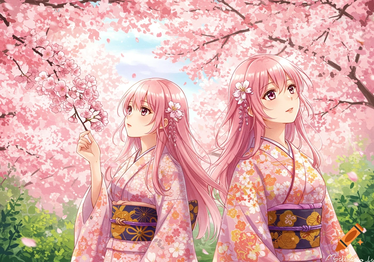 Two anime girls with pink hair in kimonos standing under cherry blossoms.