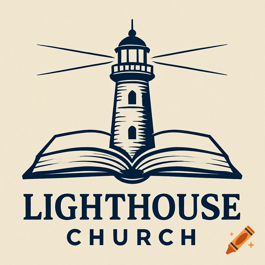 Logo with a lighthouse on an open book and the text 'Lighthouse Church'.