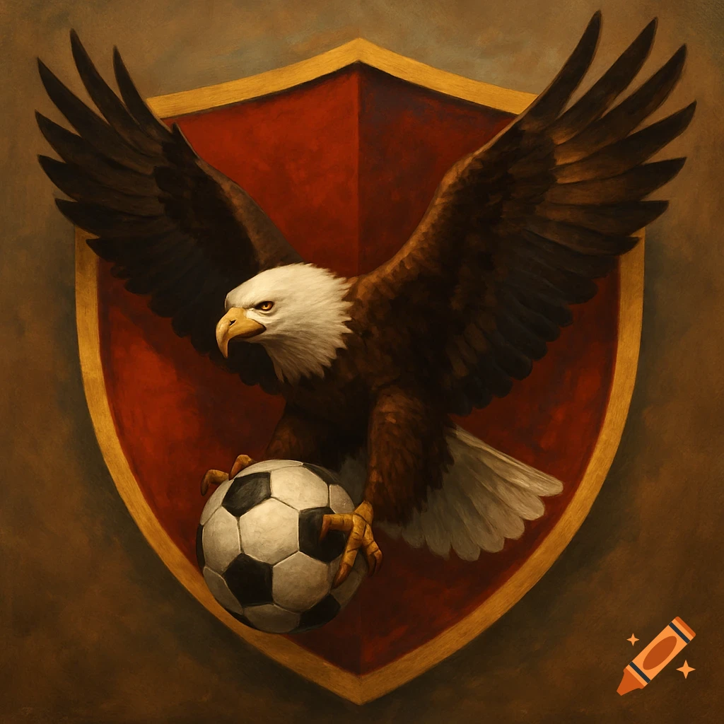 An eagle with spread wings clutches a soccer ball in its talons in front of a red shield. Painterly illustration.