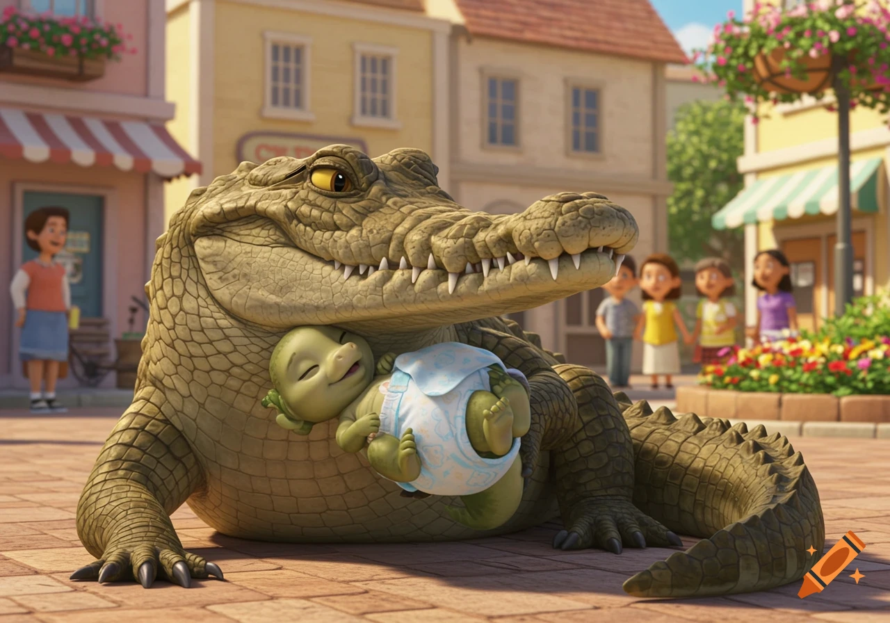 A large, smiling cartoon crocodile holds a sleeping baby turtle in a diaper in a sunny town square.