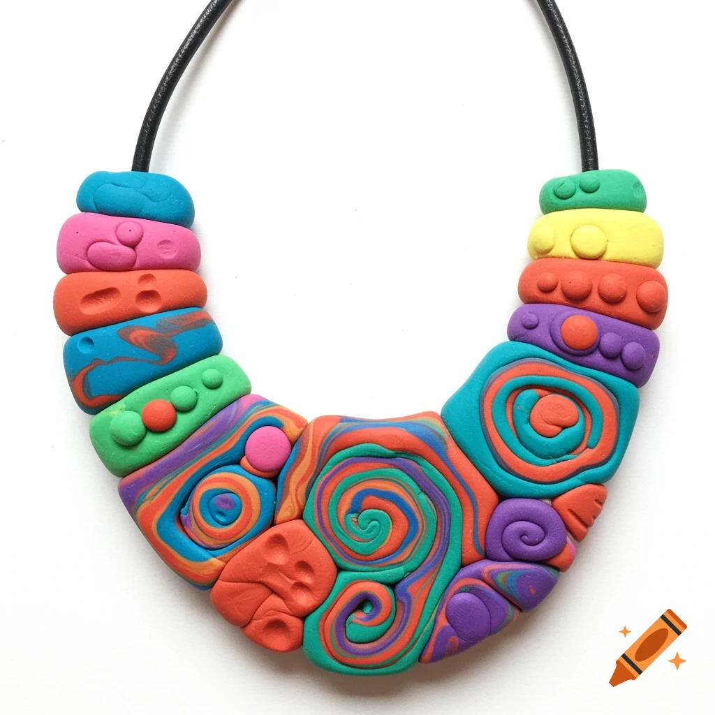 Close-up of a colorful play dough necklace with swirl and pattern beads on a white background