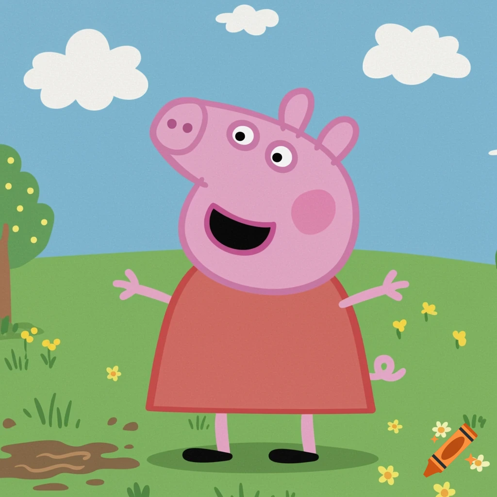 Peppa Pig stands in a field with a muddy puddle under a blue sky with clouds.