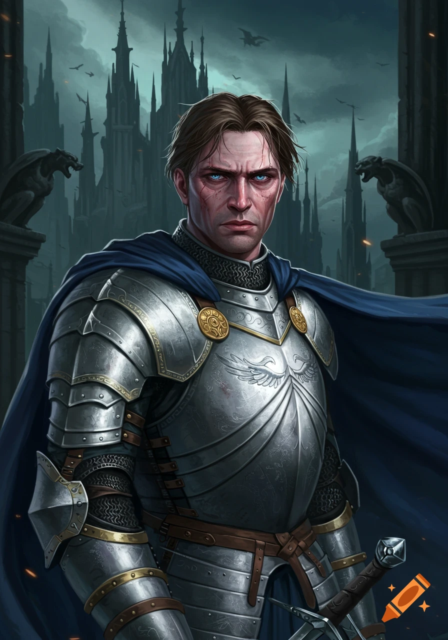 Portrait of a knight in full armor before a gothic castle