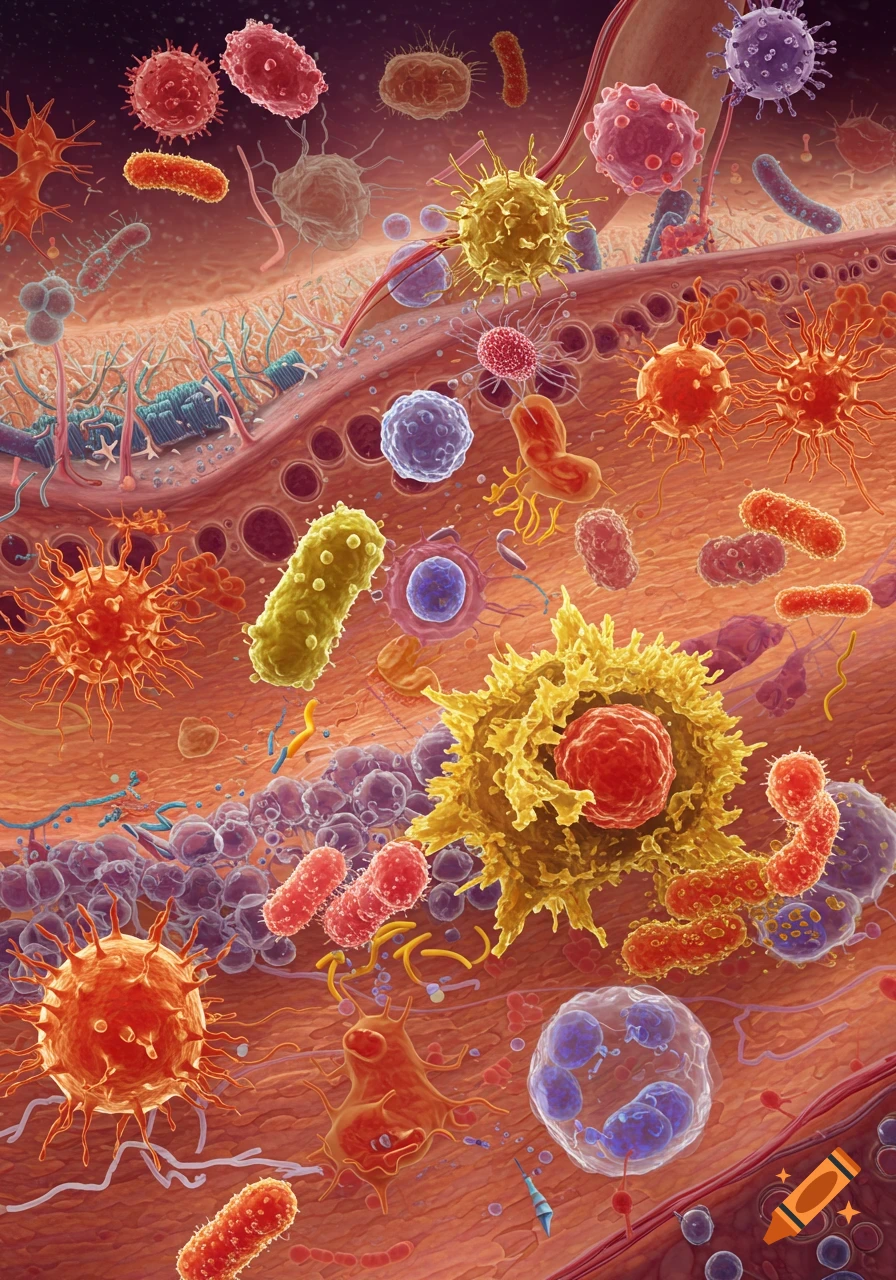 An illustration depicting various microorganisms and cells in a biological environment.