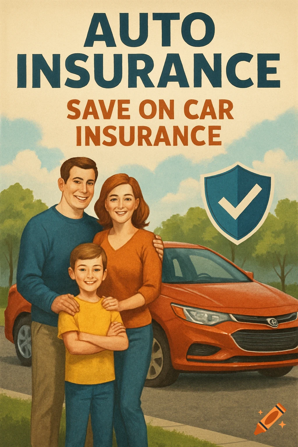 Illustration of a family standing with an orange car under text that says AUTO INSURANCE SAVE ON CAR INSURANCE, with a shield icon.