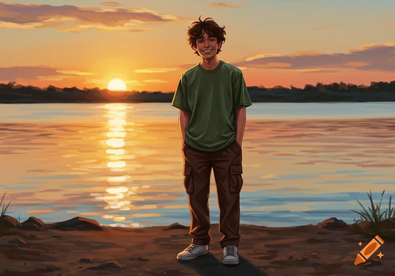 A young person stands by a lake at sunset in a painterly style.